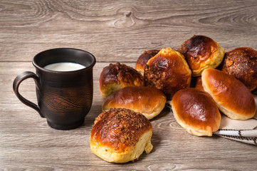 clay glass milk with buns and pies