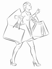 illustration of a shopping woman with a bags , vector draw