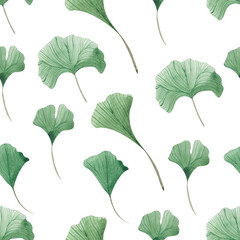 Fototapeta na wymiar Seamless pattern with watercolorand graphic eucalyptus and ginkgo leaf ona white background