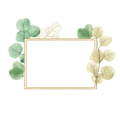 Frame with watercolor and graphic eucalyptus and ginkgo leaf ona white background