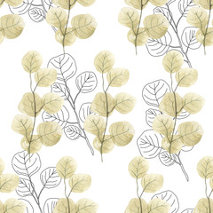 Seamless pattern with watercolorand graphic eucalyptus and ginkgo leaf ona white background