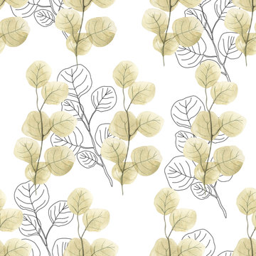 Seamless pattern with watercolorand graphic eucalyptus and ginkgo leaf ona white background © марина васильева