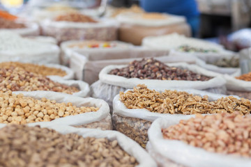 Asian market. Turkey, Istanbul, Spice Bazaar. Sale of nuts and seeds