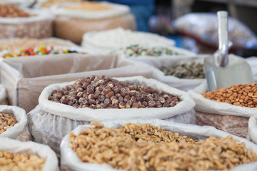 Asian market. Turkey, Istanbul, Spice Bazaar. Sale of nuts and seeds