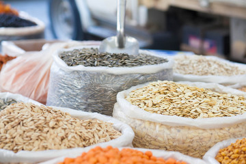Asian market. Turkey, Istanbul, Spice Bazaar. Sale of nuts and seeds