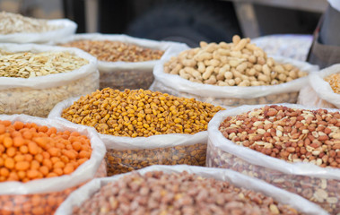Asian market. Turkey, Istanbul, Spice Bazaar, turkish Eastern bazaar. East muzchina sells dried fruit