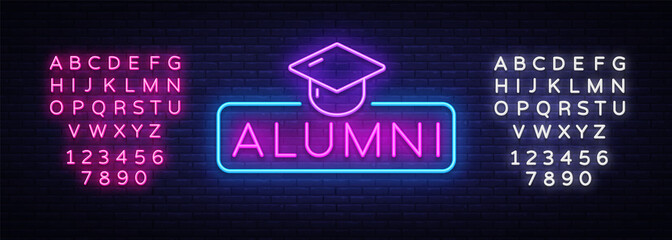 Alumni Neon Sign Vector. Graduation neon symbol, design template, modern trend design, night neon signboard, night bright advertising, light banner, light art. Vector. Editing text neon sign