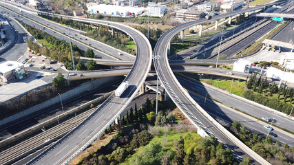 Aerial view of popular highway of Attiki Odos multilevel junction road, passing through National motorway, Attica, Greece