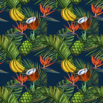 Beautiful hand drawn pattern with tropical palm leaves, bananas, coconuts, pineapples, flowers. Watercolor seamless pattern, summer background