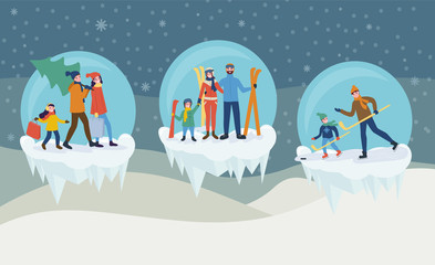 Fototapeta na wymiar Family preparation for holidays, parents with child standing with skiing, father and son training hockey. Set of winter activity in ice balls vector