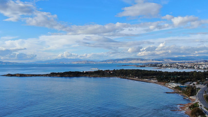 Aerial drone bird's eye view of famous seascape of Athens Riviera, Voula, Athens Riviera, Attica, Greece