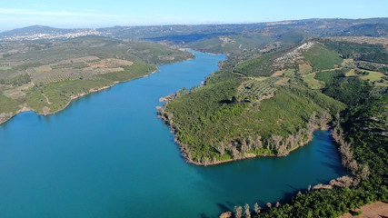 Fototapeta na wymiar Aerial drone photo of famous lake and dam of Marathon or Marathonas, North Attica, Greece