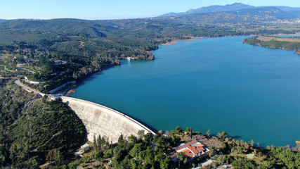 Fototapeta na wymiar Aerial drone photo of famous lake and dam of Marathon or Marathonas, North Attica, Greece