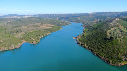 Aerial drone photo of famous lake and dam of Marathon or Marathonas, North Attica, Greece