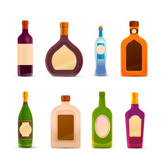 Set of glossy icons of bottles with alcohol on white