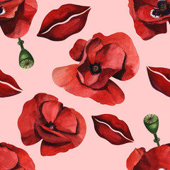 Watercolor seamless pattern with wild red poppies