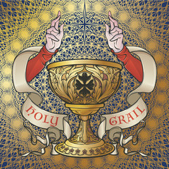 Holy Grail. Symbol of spiritual insight in the romantic literature. Medieval gothic style concept art . Vintage color palette. Isolated on a Decorative floral background. EPS10 vector illustration