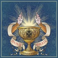 Holy Grail. Symbol of spiritual insight in the romantic literature. Medieval gothic style concept art . Vintage color palette. Isolated on a Decorative floral background. EPS10 vector illustration