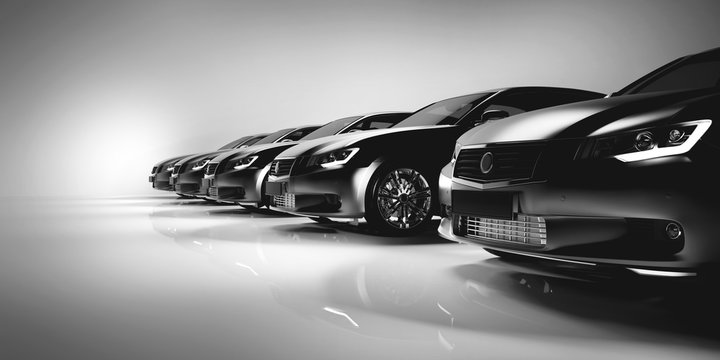 Fototapeta Black sedan cars standing in a row.