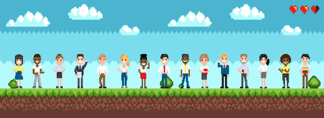 Character selection for playing game, standing men and women on green landscape with bushes. Pixel art illustration with cloudy sky and hearts vector