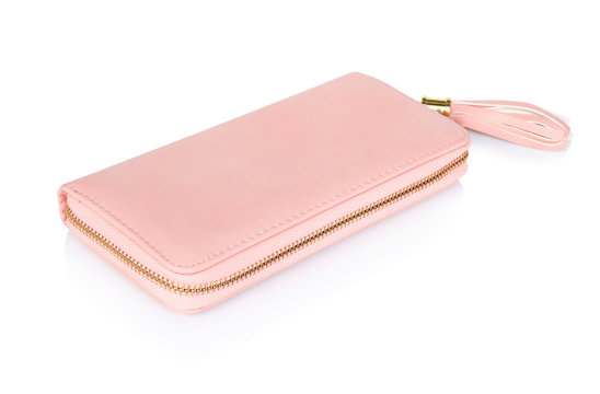 Closeup modern pink woman wallet on white background