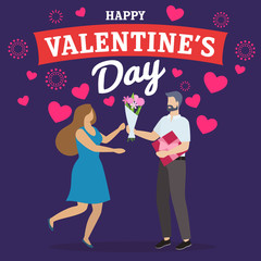 Couple of happy man and woman celebrate Valentine's Day, give presents and have fun. Vector
