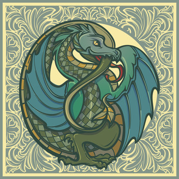 Decorative dragon. Medieval gothic style concept art. Design element. Hand drawn image isolated on decorative floral background. EPS10 vector illustration
