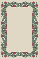 Floral rectangular frame. Fairy tale style decorative border. Vertical orientation. Vintage color palette. Hand drawn image isolated on monochrome background. EPS10 vector illustration