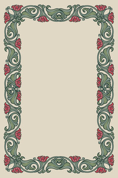 Floral rectangular frame. Fairy tale style decorative border. Vertical orientation. Vintage color palette. Hand drawn image isolated on monochrome background. EPS10 vector illustration