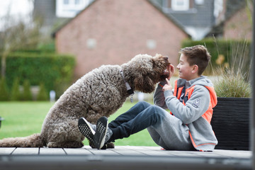 Junge gibt Hund ein Leckerli