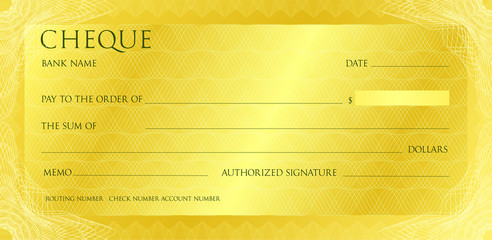 Luxury yellow gold cheque template with vintage guilloche. Check with abstract watermark, border. Gold background for banknote, money design, bank note, voucher, gift certificate, coupon, currency