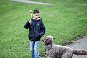 Junge spielt mit Hund