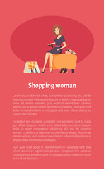 Shopping woman female shopaholic wearing and trying on new shoes on heel. Store shop with boots variety and mirror vector. Lady fashion customer poster