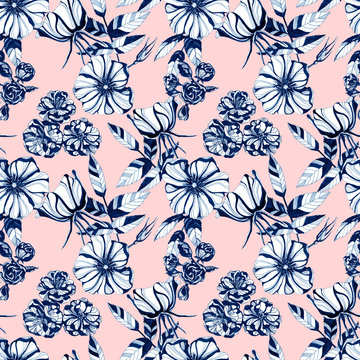 wild roses seamless pattern. Hand drawn ink illustration. Wallpaper or fabric design.