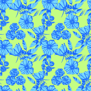 wild roses seamless pattern. Hand drawn ink illustration. Wallpaper or fabric design.