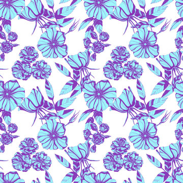 wild roses seamless pattern. Hand drawn ink illustration. Wallpaper or fabric design.