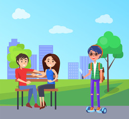 Students in city park and male with vape in hands vector. Male riding on hoverboard, self balancing gyroscooter and couple in love sitting on bench