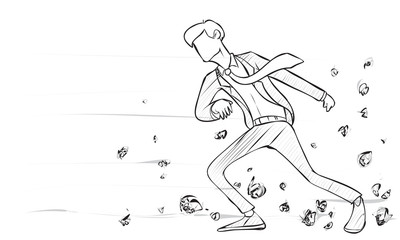 Businessman Walking Trough Strong Wind of Challenge, Doodle Illustration