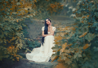 Greek goddess sits on the stone steps in autumn forest, light skin, white long elegant dress, like...