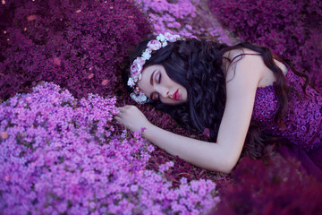 a gentle and graceful girl sleeps on a magical purple flower field, a dreaming beauty with long...