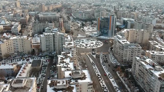 Aerial view of Ploiesti City Center, in eastern Romania, drone shot  over the main boulevard , showing the representative buildings and architecture ,city traffic at rush hour