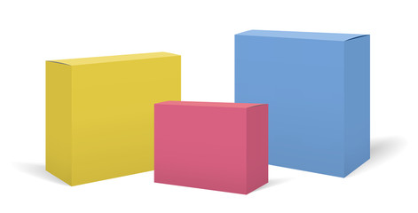 Set of vector realistic square boxes package mockups for your design. Blank rectangular yellow, blue and red container or cardboard templates for cosmetic, medicine, software, appliance products