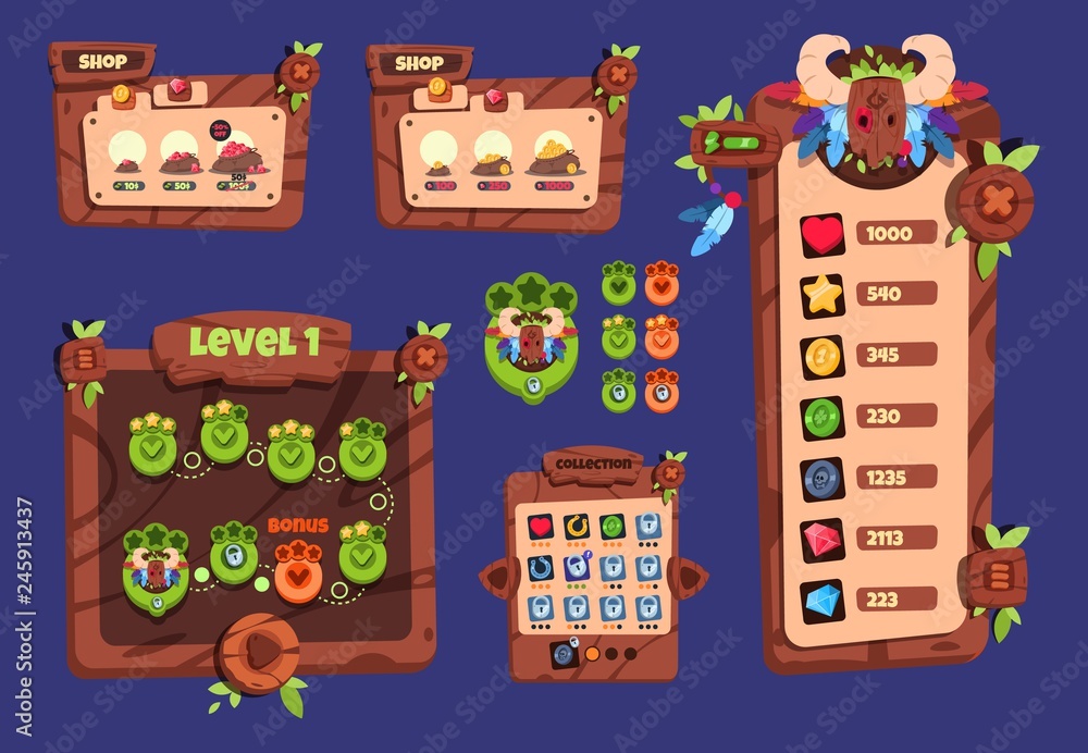 Poster cartoon game ui. wooden elements and popup menu, buttons and icons. 2d game interface vector design.