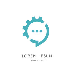 Chat and gear wheel logo - speech bubble or message and pinion symbol. Conversation technology, business communication and effective speaking, constructive dialogue and discussion vector icon.