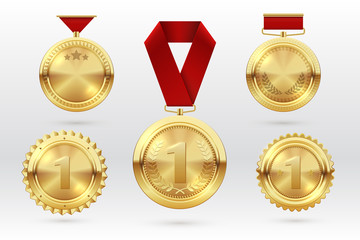 Gold medal. Number 1 golden medals with red award ribbons. First placement winner trophy prize. Vector set of golden award and medal trophy illustration - obrazy, fototapety, plakaty