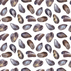 Seamless watercolor pattern with oysters on white