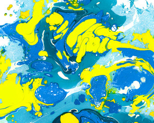 Fototapeta na wymiar Abstract blue and yellow marbling, ebru backdrop