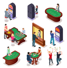 Casino isometric. Poker roulette table, slot machines in playing room. Nightclub entertainment casino gambling 3d vector set. Gambling casino 3d table illustration, roulette and poker