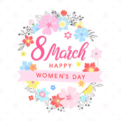 Women`s Day typography - hand painted lettering with different flowers and floral elements.Seasons greetings card perfect for prints,flyers,posters,holiday invitations and more.Vector 8 march card.