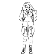 Hand-drawn woman, in hiking jacket and backpack with hiking boots and who looks self-assured in the. black white, comic style, vector graphic.